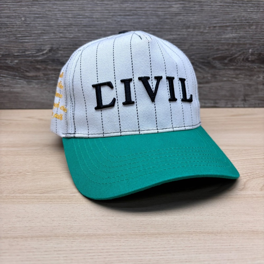 Civil Regime Hat Cap Strap Back White Green Pinstripe Flaming Rose Logo